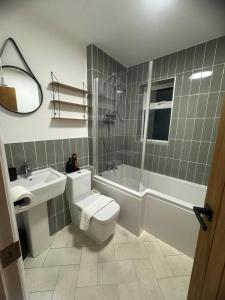 ein Bad mit einem WC, einem Waschbecken und einer Dusche in der Unterkunft Modern 1 Bedroom House in Biggleswade in Biggleswade