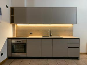 a kitchen with gray cabinets and a sink at Italo-Svizzero in Chiavenna
