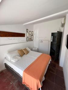 a bedroom with a bed with an orange blanket on it at Apto com Arte no Pelourinho in Salvador
