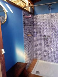 ein blaues Badezimmer mit einer Dusche und einer Badewanne in der Unterkunft Finca Caboquitos in Garafía