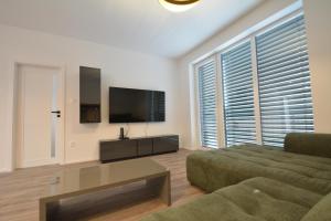 a living room with a couch and a flat screen tv at Project IK luxury apartments in Seredʼ