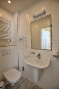 a bathroom with a sink and a toilet and a mirror at Villa Casteria in Międzyzdroje