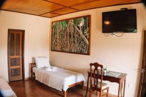 1 dormitorio con 1 cama, escritorio y TV en Amazônia ParkSuítes, en Novo Airão