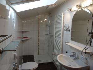 uma casa de banho com um chuveiro, um lavatório e um WC. em Gästehaus Erika - Chiemgau Karte em Inzell