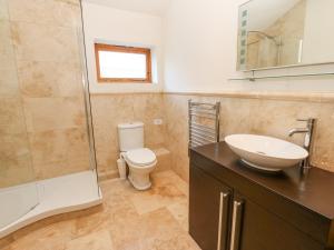 Wellington Lodge Cottage في ريتشموند: حمام مع مرحاض ومغسلة ودش +14 صورة