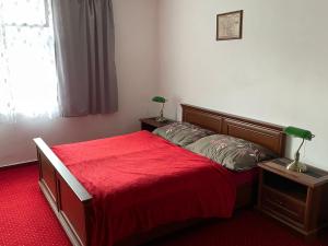 a bedroom with a bed with a red blanket and a window at Penzion Na Zastávce in Český Šternberk