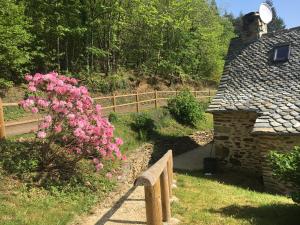 un jardin avec des fleurs roses à côté d'une maison dans l'établissement Sécadou Castanial, à Cassaniouze