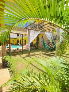 un patio trasero con una hamaca y una piscina en Pousada O Sol De Maragogi, en Maragogi