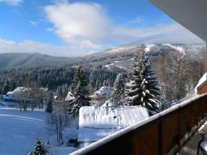 balcone coperto da neve con vista sulle montagne di Apartment 1 a Špindlerův Mlýn
