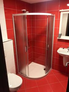 baño rojo con ducha y aseo en Apartmány v Chalupě nad Modravou, en Modrava