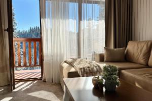 a living room with a couch and a large window at ELEA Apartment Mountain Lodge Pamporovo in Pamporovo