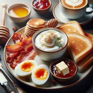 ein Frühstücksteller mit Eiern, Speck und Kaffee in der Unterkunft Eleni Rooms in Parikia