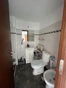 Buena vista y locacion في مونتيفيديو: حمام به مرحاض أبيض ومغسلة