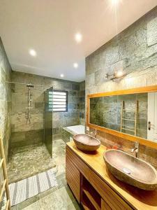 W łazience znajdują się 2 umywalki i przeszklony prysznic. w obiekcie Villa Fleur de Coco - 8p. - piscine privée - haut standing w mieście Saint-Pierre