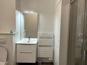 a white bathroom with a sink and a mirror at Le Bijou du Martroi in Orléans +10 photos