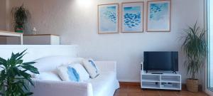 a living room with a white couch and a tv at Cala Salions Balandro II Tossa de mar in Cañet de Mar