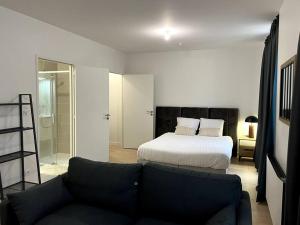 a bedroom with a bed and a living room with a couch at Le Bijou du Martroi in Orléans