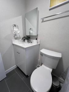 a white bathroom with a toilet and a sink at Prime Location Apt on Calle Ocho in Little Havana in Miami