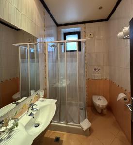 a bathroom with a shower and a sink and a toilet at Guesthouse Petra in Veliko Tŭrnovo