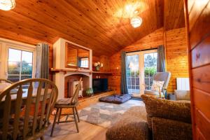 a living room with a fireplace in a log cabin at Rural Log Cabin Retreat near Coed y Brenin by Seren Short Stays in Ffestiniog
