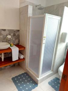 y baño con ducha y lavamanos. en HOSTERÍA QUINTA INÉS MARÍA en Chambo