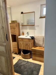 Lesterps的住宿－Gîte à l'ombre des Magnolias，一间带水槽和镜子的浴室