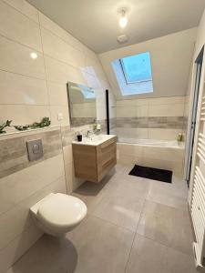 een badkamer met een toilet, een wastafel en een bad bij Duplex, parking gratuit privé, 5min centre Auxerre in Monéteau
