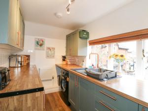 uma cozinha com armários verdes, um lavatório e uma janela em Flat 2, The Maltings em Oakham