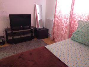 een slaapkamer met een bed en een flatscreen-tv bij 3 Chambres à louer à COLOMBES in Colombes