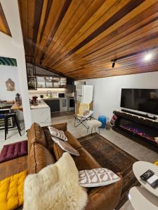 een woonkamer met een bruine bank en een tv bij Cabana do Rancho Roque Reis - Wine and Nature in Piedade