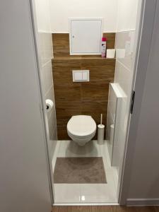 uma pequena casa de banho com WC e espelho em Elegant Escape apartment III - free parking, easy access to City Center em Bratislava