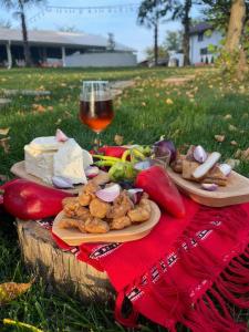 een picknicktafel met eten en een glas wijn bij Potcoava Dunarii in Suhaia