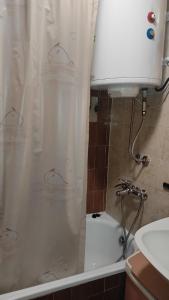 a bathroom with a shower with a white shower curtain at Vikendica Mašan in Pale