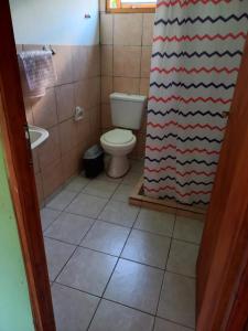 a bathroom with a toilet and a shower curtain at Dos Soles in El Bolsón