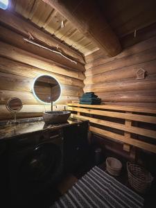 a bathroom in a log cabin with a mirror at River House in Nītaure