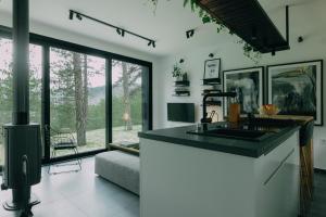a kitchen with a sink and a large window at Tara Cabins Pure Nature in Zaovine