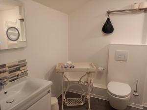 een badkamer met een wit toilet en een wastafel bij Apartmenthaus Alte Börse in Carolinensiel