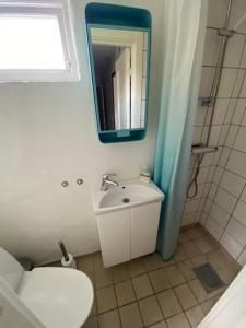 a bathroom with a toilet and a sink and a mirror at Charmig liten lägenhet på Österlen in Sankt Olof