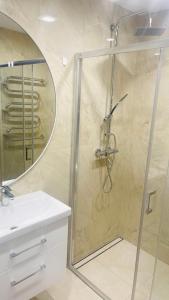 a bathroom with a shower with a sink and a mirror at S&T&A&R apartamentai in Panevėžys