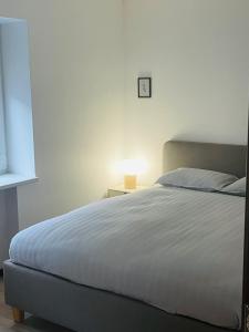a bedroom with a bed and a lamp on a table at S&T&A&R apartamentai in Panevėžys