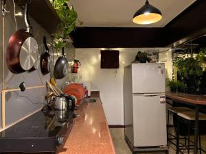 a kitchen with a refrigerator and some pots and pans at South Zamalek Studio in Cairo