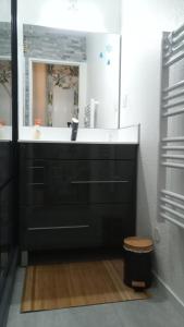 La salle de bains est pourvue d'un lavabo noir et d'un miroir. dans l'établissement joli appartement T2 très bien situé, parking couvert, à Lourdes