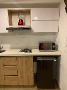 - une cuisine avec un comptoir, un four micro-ondes et une cuisinière dans l'établissement Alojamiento tipo LOFT completo en barrio Las Aguas, à Bogotá