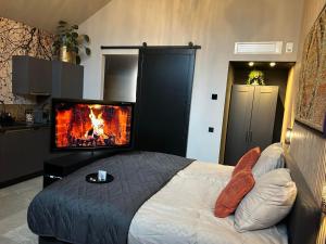 a bedroom with a bed with a tv on the wall at Bed & Breakfast ByBreg in Apeldoorn