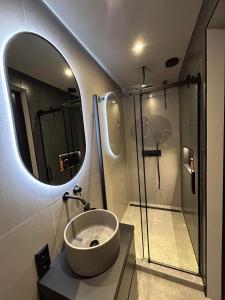 a bathroom with a sink and a shower at Bed & Breakfast ByBreg in Apeldoorn