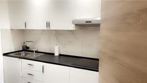 una cocina blanca con fregadero y armarios blancos en Calme, agréable et fonctionnel en Bruselas