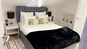 um quarto com uma cama com uma cabeceira e almofadas azuis em Calme, agréable et fonctionnel em Bruxelas