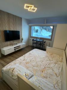 een slaapkamer met een bed en een flatscreen-tv bij Studio au centre des 4 vallées in Nendaz