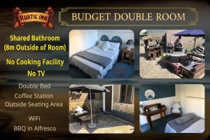 a collage of four pictures of a hotel room at Rustic Inn in Swakopmund