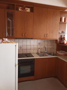a kitchen with wooden cabinets and a stove and a sink at LOUNA in Metsovo